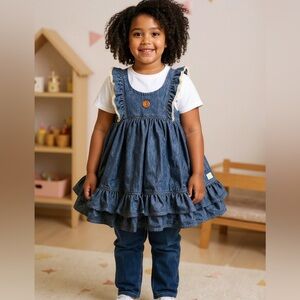 Eleanor Rose Chambray Ruffled Denim Dress with Lace Trim - Size 4/5